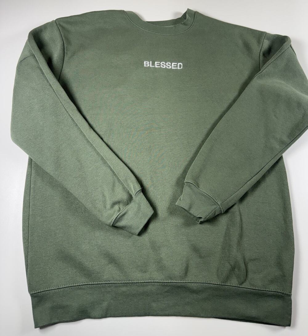 Olive Green Fleece Crewneck Pullover Sweatshirt Blessed Women L